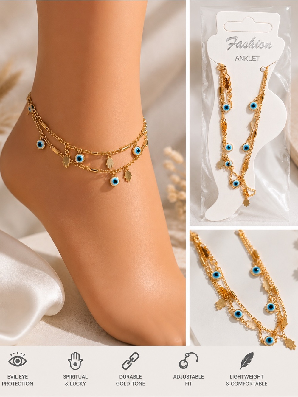 Gold-Tone Evil Eye & Hamsa Double Chain Anklet -